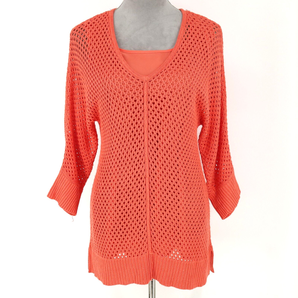 Chicos Sweater 0 Womens 4 Small Orange Fishnet Tunic Lined Rayon Nautical